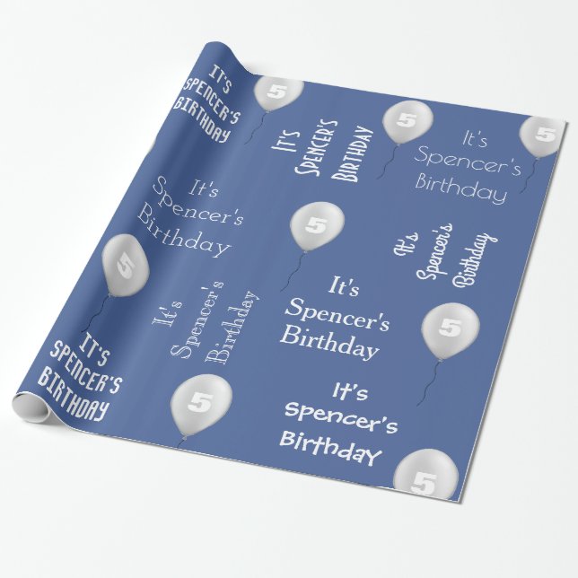 Personalised Name & Age Birthday Blue Wrapping Paper (Unrolled)