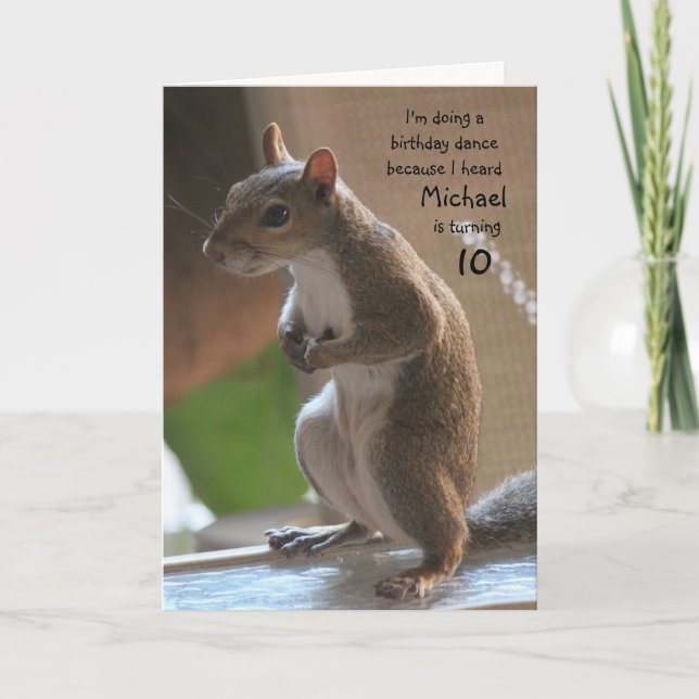 Personalised name/age birthday, dancing squirrel card (Front)
