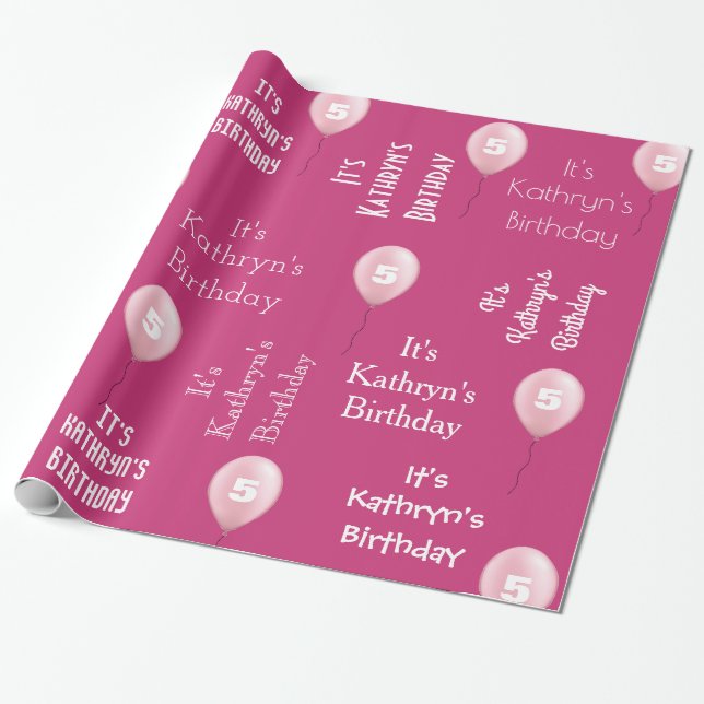 Personalised Name & Age Birthday Pink Wrapping Paper (Unrolled)