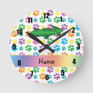 Personalised name alligator rainbow paws round clock