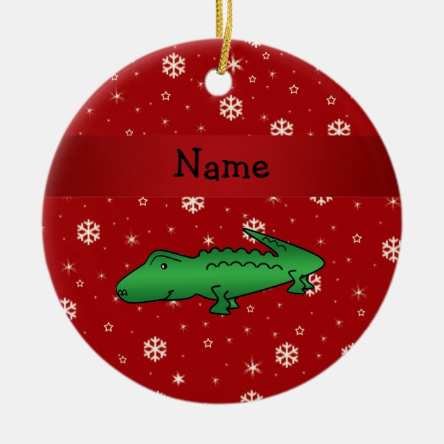Personalised name alligator red snowflakes ceramic tree decoration (Front)