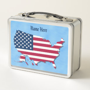 Personalised Name American Flag Map Sea Blue Metal Lunch Box
