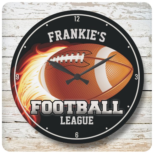 Personalised NAME American Football Flames Sports Round Clock (Creator Uploaded)