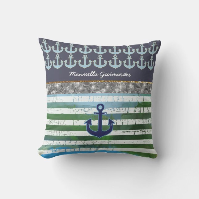 personalised / name / anchor / blue striped cushion (Front)