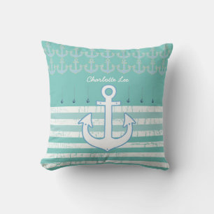 personalised name & anchor . striped light teal outdoor cushion