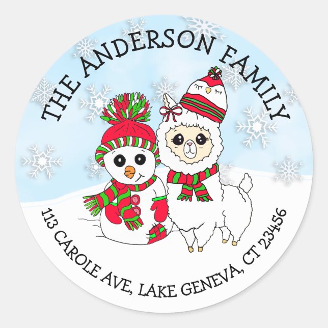 Personalised Name and Address Llama and Snowman Classic Round Sticker (Front)