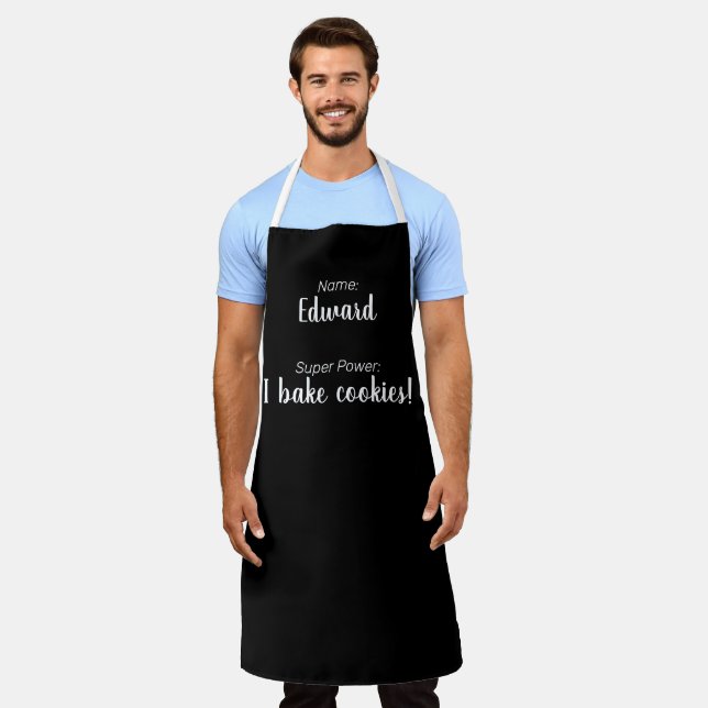 Personalised Name And Super Power Black and White Apron (Worn)