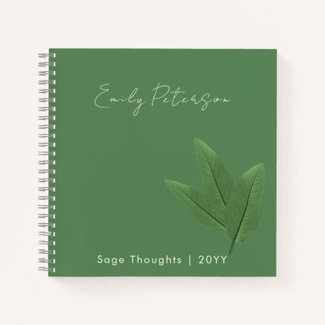 Personalised Name and Title, Sage Green Leaves  Notebook (Front)