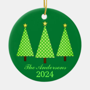 Personalised Name and Year Lime Christmas Trees Ceramic Ornament