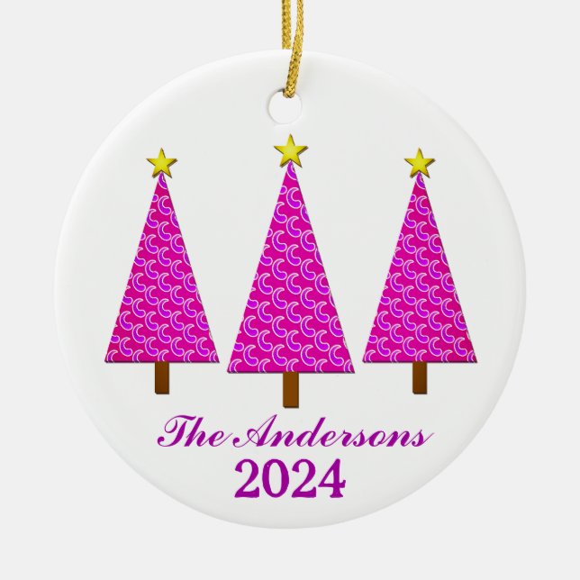 Personalised Name and Year Purple Christmas Trees Ceramic Ornament (Front)
