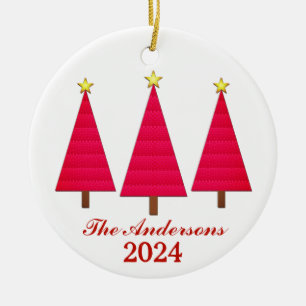 Personalised Name and Year Red Christmas Trees Ceramic Ornament