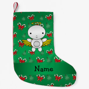 Personalised name angel green candy canes bows small christmas stocking