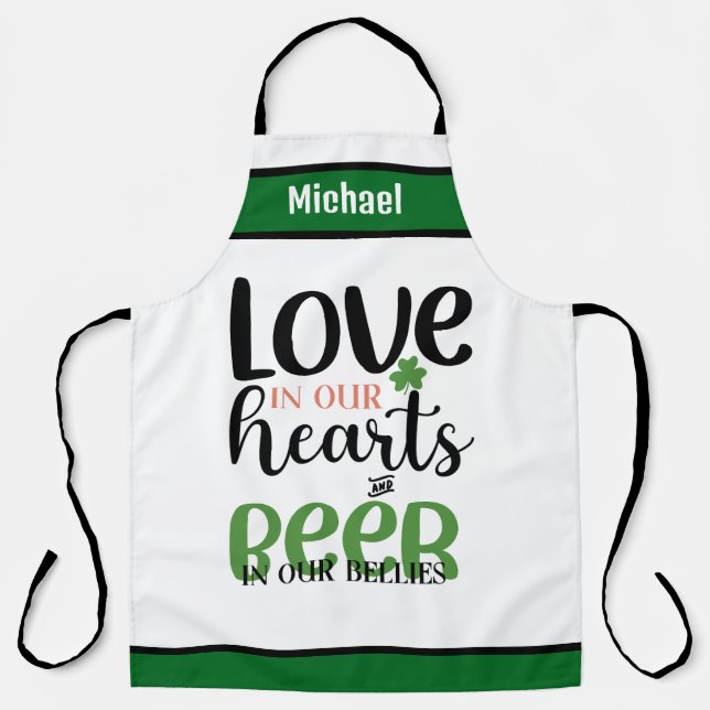 Personalised Name Aprons, Love in Our Hearts Beer Apron (Front)