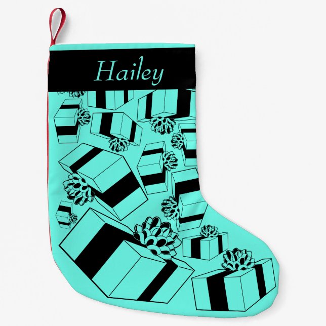 Personalised Name Aqua Black Gifts Pattern Small Christmas Stocking (Front)