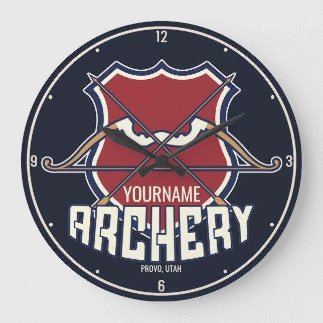 Personalised NAME Archery Sports Recurve Bow Arrow Large Clock (Front)