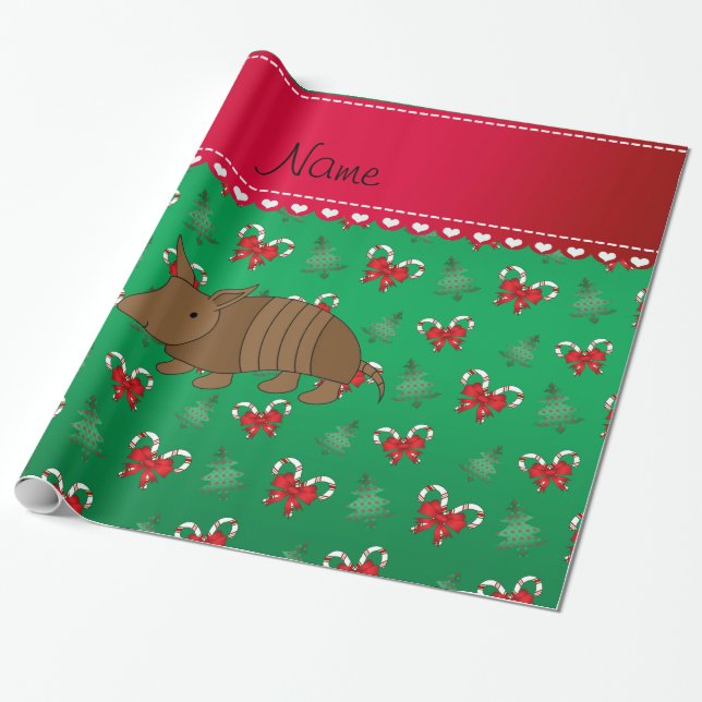 Personalised name armadillo green candy canes bows wrapping paper (Unrolled)