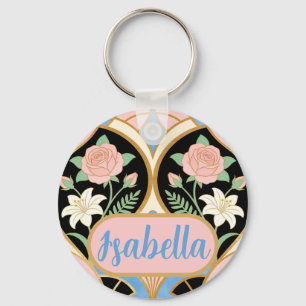 Personalised Name Art Deco Pink Roses Floral Key Ring