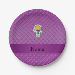 Personalised name astronaut purple polka dots paper plate