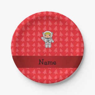 Personalised name astronaut red christmas trees paper plate