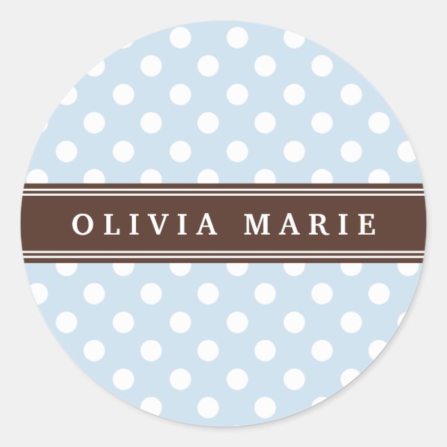 Personalised Name Baby Blue Polka Dots Pattern Classic Round Sticker (Front)