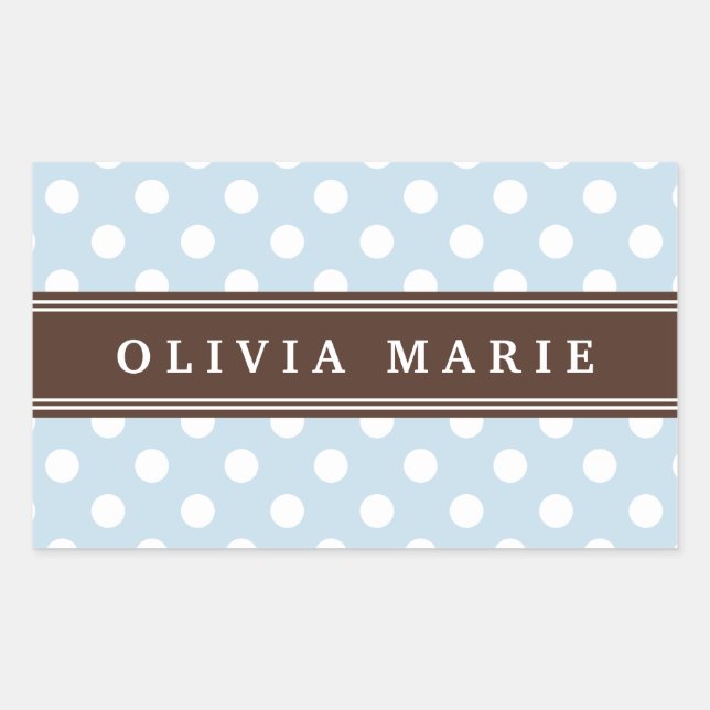 Personalised Name Baby Blue Polka Dots Pattern Rectangular Sticker (Front)