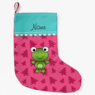 Personalised name baby frog pink christmas trees small christmas stocking