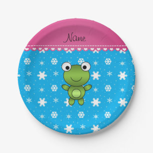Personalised name baby frog sky blue snowflakes paper plate