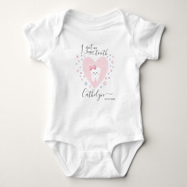 Personalised Name Baby Girl First Tooth Outfit Bodysuit (Front)