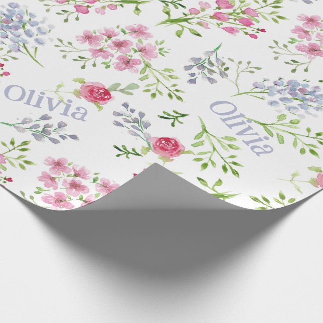 Personalised Name Baby Girl Floral Wrapping Paper (Corner)