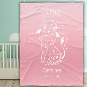 Personalised Name Baby Girl Taurus Zodiac Pink Fleece Blanket