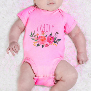 Personalised Name Baby Girl Watercolor Floral-7 Baby Bodysuit