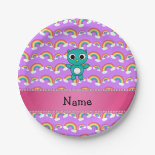 Personalised name baby owl purple rainbows paper plate