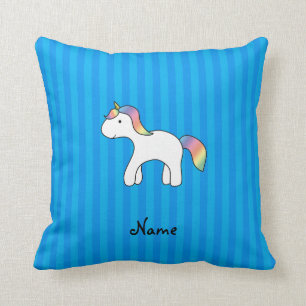 Personalised name baby unicorn blue stripes cushion
