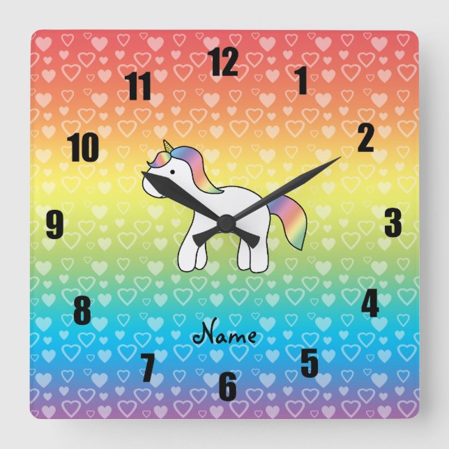 Personalised name baby unicorn rainbow hearts square wall clock (Front)