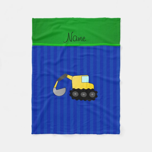 Personalised name backhoe blue stripes fleece blanket (Front)