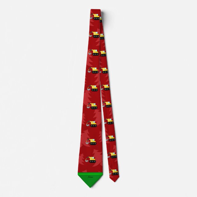 Personalised name backhoe red christmas trees tie (Front)