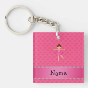 Personalised name ballerina pink hearts key ring