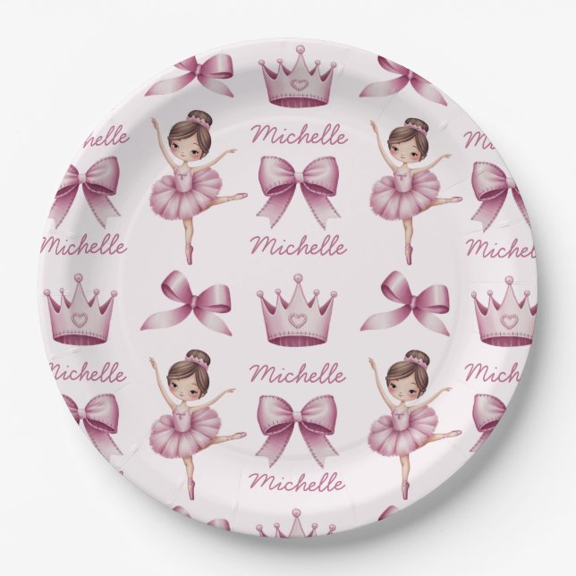 Personalised Name Ballet Ballerina Pink Pattern  Paper Plate (Front)