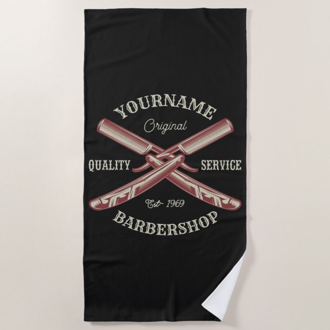 Personalised NAME Barber Straight Razor Barbershop Beach Towel (Front)