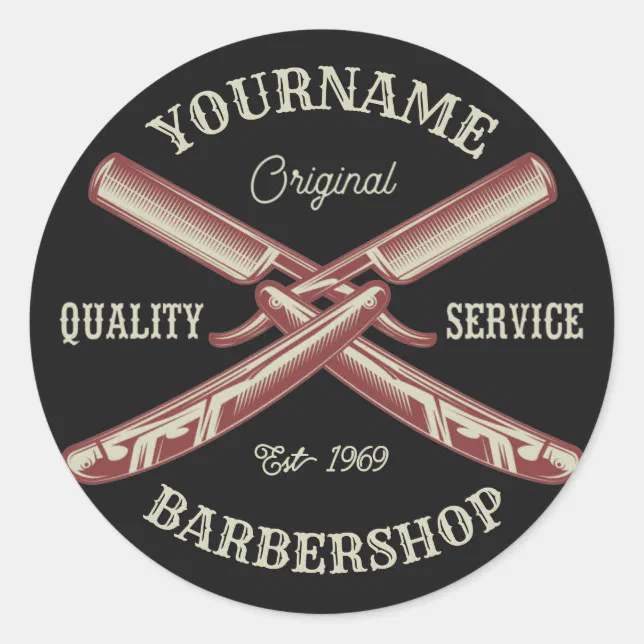 Straight Razor Sticker Personalised NAME Barber Straight Razor Barbershop Classic Round ...