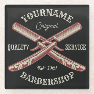 Personalised NAME Barber Straight Razor Barbershop Glass Coaster
