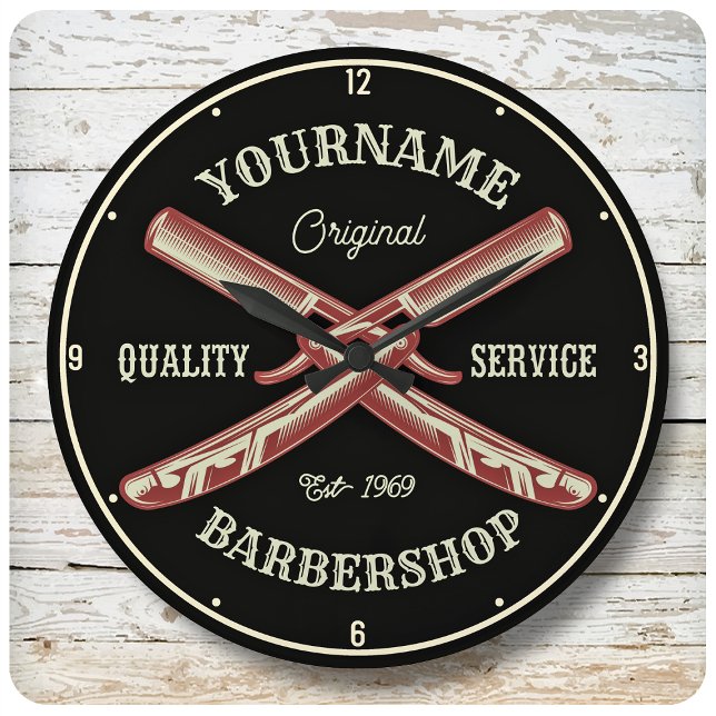 Personalised NAME Barber Straight Razor Barbershop Large Clock (Creator Uploaded)