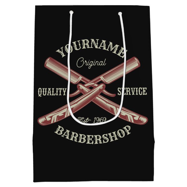 Personalised NAME Barber Straight Razor Barbershop Medium Gift Bag (Back)