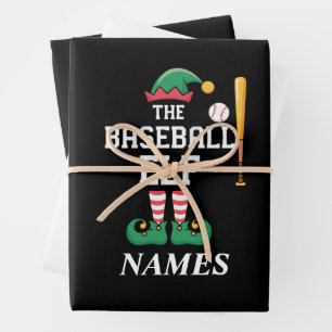 Personalised Name Baseball Elf Family Matching  Wrapping Paper Sheet