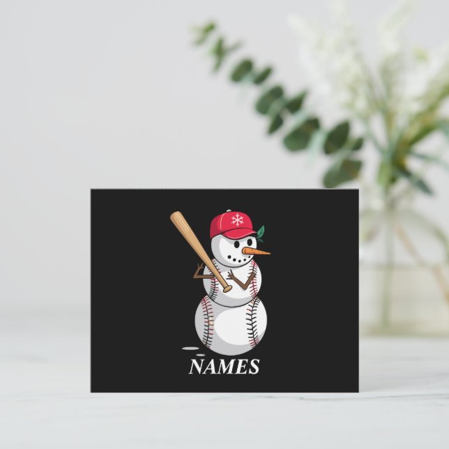 Personalised Name Baseball Snowman Balls Snow Xmas Holiday Postcard (Standing Front)