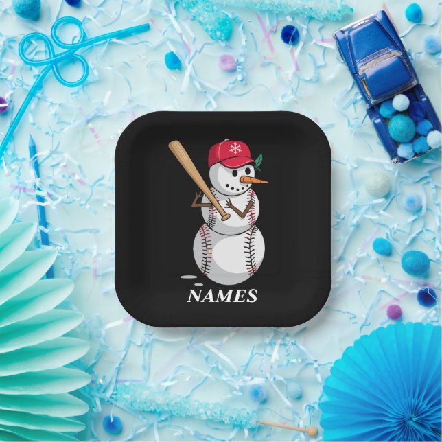 Personalised Name Baseball Snowman Balls Snow Xmas Paper Plate (Party)