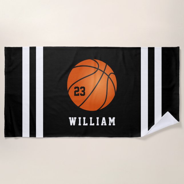 Personalised Name Basketball Black Stripes Beach Towel (Front)