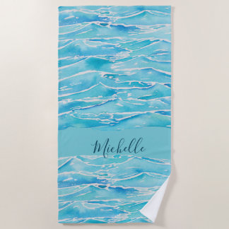 Personalised Name Beach Waves Watercolor Novelty Beach Towel