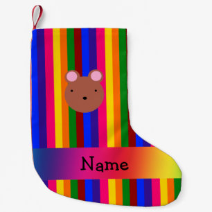 Personalised name bear face rainbow stripes small christmas stocking