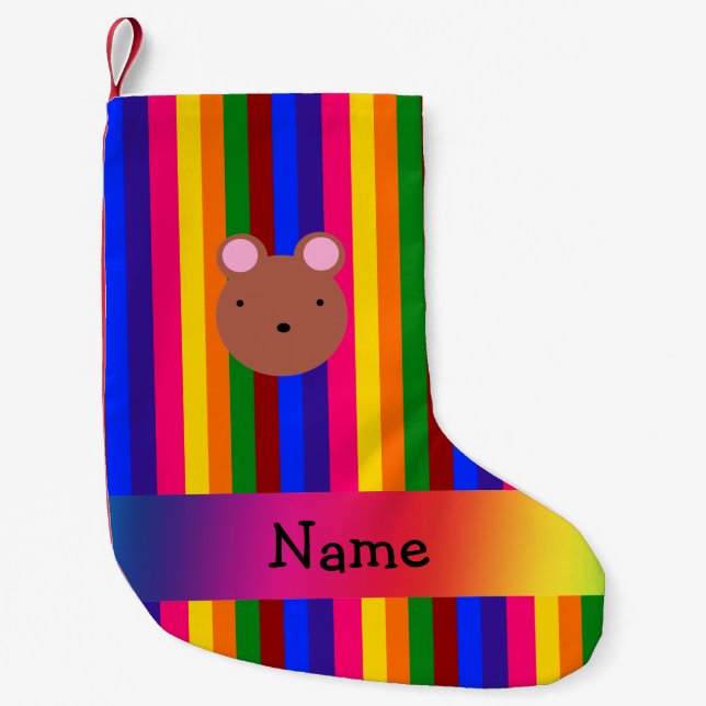 Personalised name bear face rainbow stripes small christmas stocking (Front)
